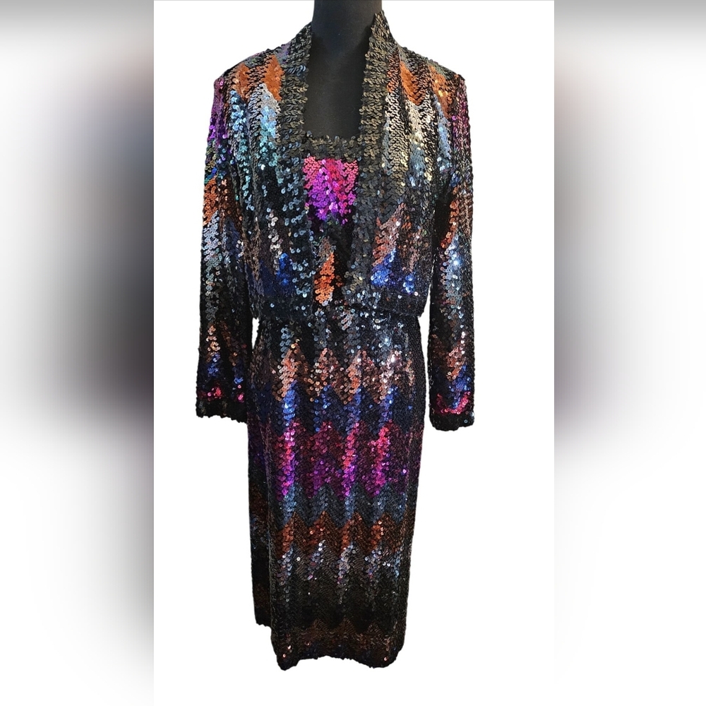Vintage New Lilly Diamond Sequin Chevron Dress With Jacket Set Size 8